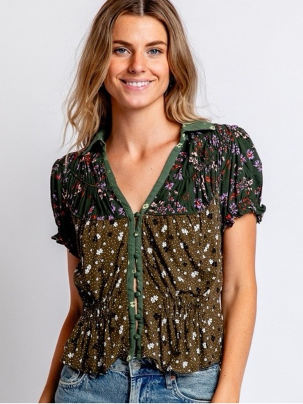 Free People Bella Button Up Blouse Kelp Forest Combo Floral Size L